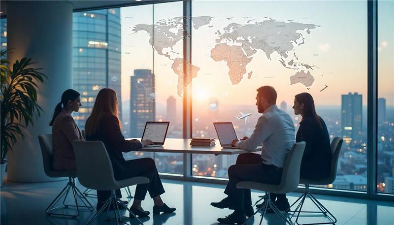 Team of professionals collaborating around a table, symbolizing travel industry expertise and teamwork in delivering travel technology solutions.