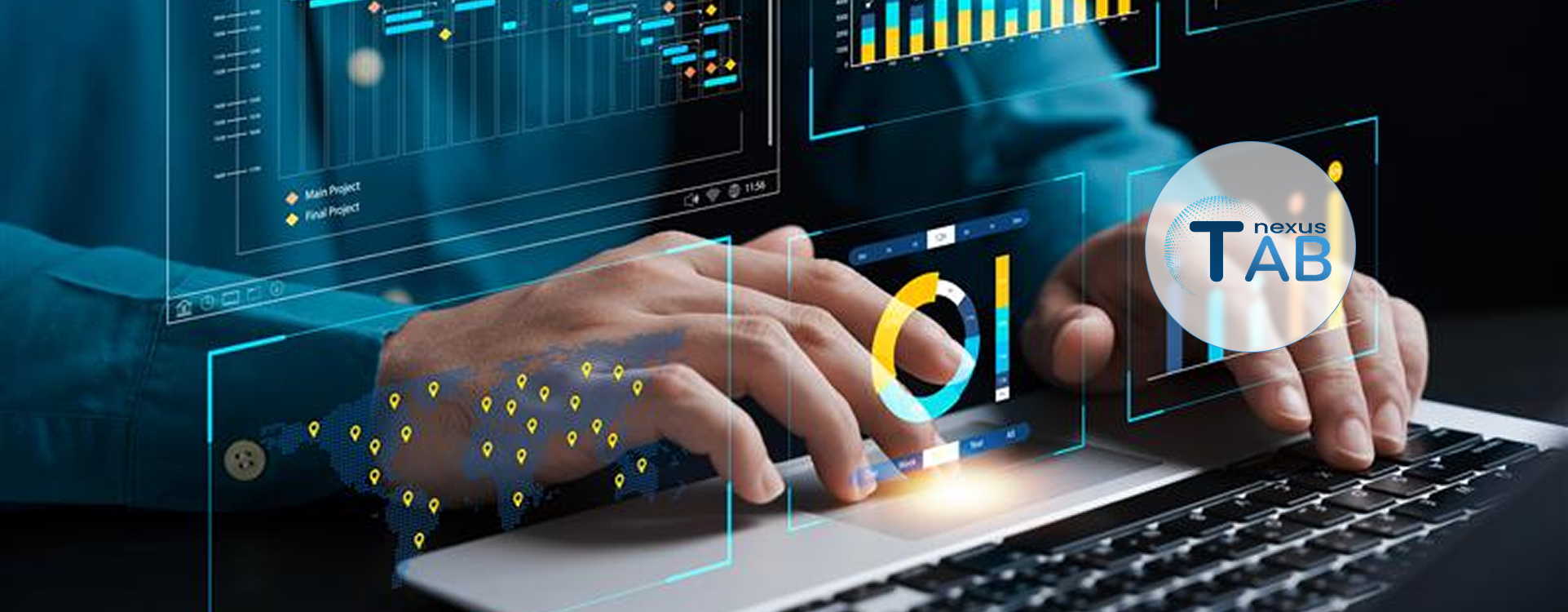 Person working on a laptop with an illustrated reporting and analytics dashboard overlaying the keyboard, representing data-driven insights and performance tracking.